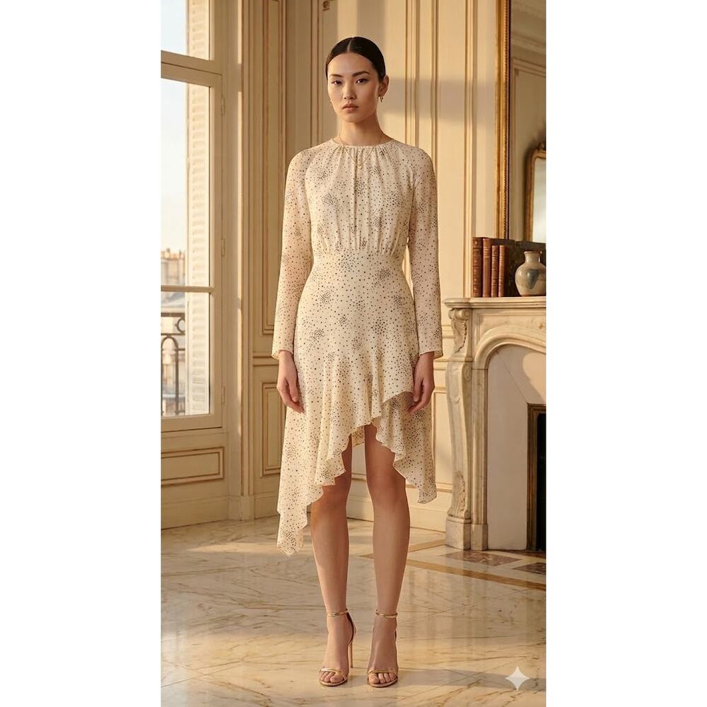 Maje Reto Dress 4 Small FR 36 Ecru Ivory Star Print Asymmetrical Midi NWT